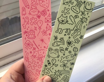 Cute Deco Doodle Bookmark - Green & Pink