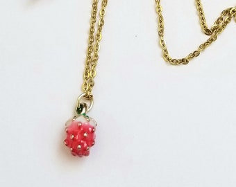 Dainty gold strawberry necklace, small enamel gold plated strawberry charm, gold plated stainless steel chain, layering necklace,fruit charm
