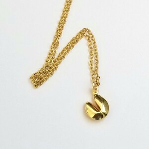 Gold fortune cookie necklace, tiny gold plated fortune cookie charm, gold stainless steel dainty cable chain, minimalist necklace,food charm