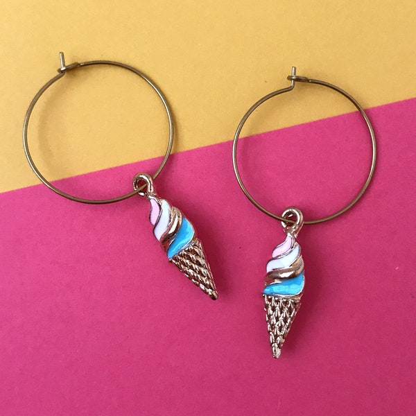 Gold blue white and pink ice cream cone hoops, 24k plated hoops, gold plated ice cream earrings, summer, ice cream cone charms, fun hoops