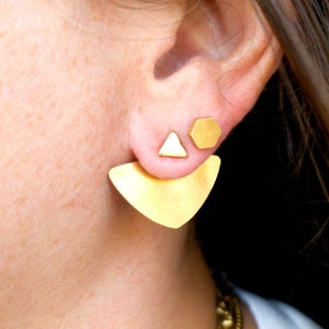Large double triangle ear jackets, dainty brass triangle stud, rounded brass triangle charm backing, bold statement earrings, modern jewelry