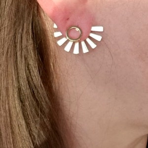Gold large sunburst ear jackets, gold plated open circle stud, large gold plated sunburst charm back, statement ear jacket earrings, modern