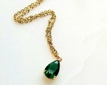 Gold green teardrop necklace, gold plated green glass teardrop charm, gold plated stainless steel chain, layering chain, emerald birthstone