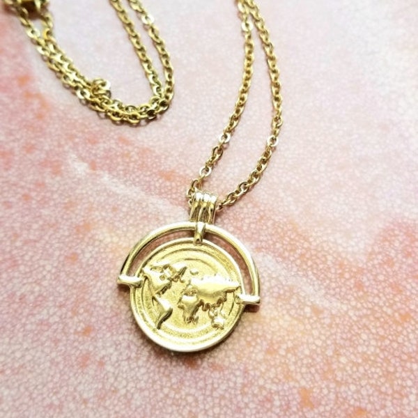 Gold map necklace, 14k gold filled global map medallion, gold stainless steel chain, unisex, layering chain necklace, coin charm, fun charm