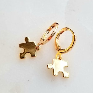 Dainty puzzle piece huggie hoops, 24k gold plated puzzle symbol earrings,18k plated hoop earrings, mini puzzle piece charm hoops, dainty