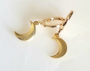 Gold moon huggie hoops, 24k plated dainty moon charms, 18k gold plated hoop earrings, moon mini hoops, dainty moon earrings,cute charm hoops