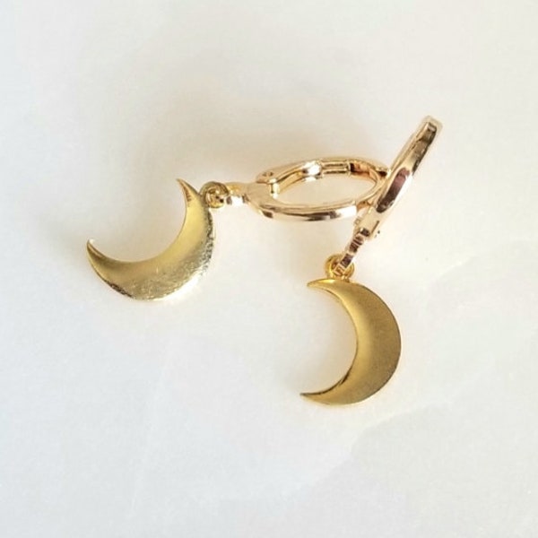 Gold moon huggie hoops, 24k plated dainty moon charms, 18k gold plated hoop earrings, moon mini hoops, dainty moon earrings,cute charm hoops