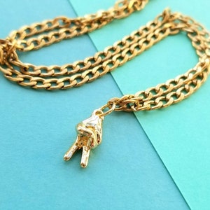 Gold peace fingers necklace, gold plated stainless steel curb chain, gold plated peace symbol fingers, bunny ears symbol, layering chain
