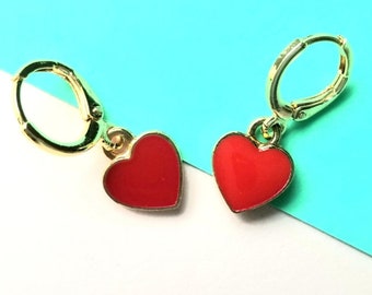 Red heart huggie hoops, 18k plated leverback hoops, red enamel heart charm, heart mini hoops, gold heart earrings, layering love hoops