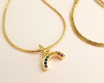 Tiny gold rainbow necklace, gold plated stainless steel wheat chain, 18k gold filled plated CZ rainbow charm, dainty necklace, tiny charm