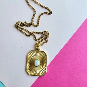 Gold opal burst pendant necklace, 18k gold filled medallion pendant, gold stainless steel curb chain, long layering necklace,opal charm gift