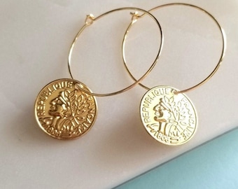 Gold French coin hoops, 18k plated stainless steel wire hoops, 24k plated large antique style French coin charm, statement hoops, light, fun