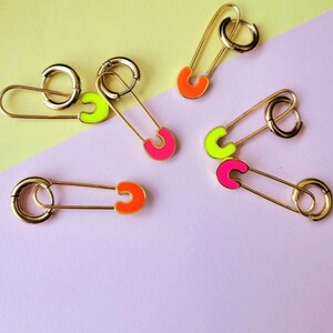 Gold neon safety pin hoops, 18k stainless steel mini hoops, 24k plated neon enamel safety pin charms,pink yellow orange neon earrings,unique