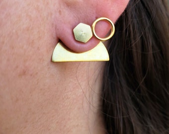 Hexagon and upside down half moon ear jackets, brass geometric ear jackets, hexagon stud, semicircle jacket back, statement earrings, bold