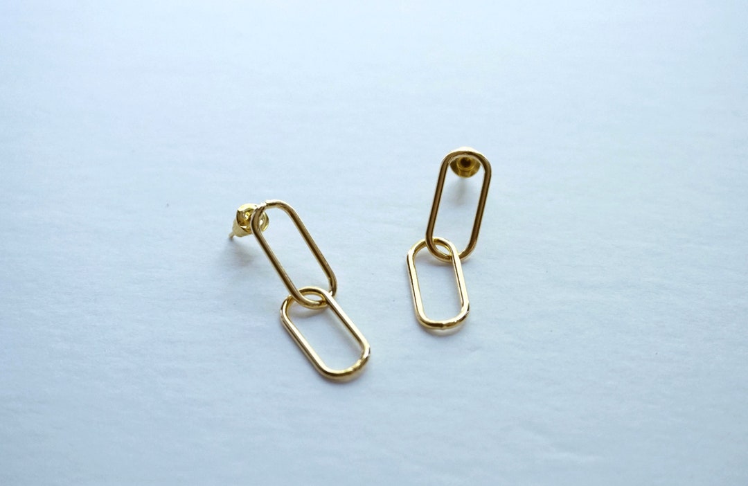 Paperclip Chain Earrings 18k Gold Plated Paperclip Drop Stud Etsy