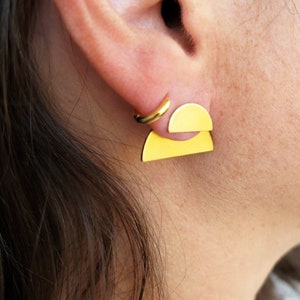 Double half moon ear jackets, brass half moon stud and jacket back, statement earrings, bold jewelry, modern earrings, brass stud jackets
