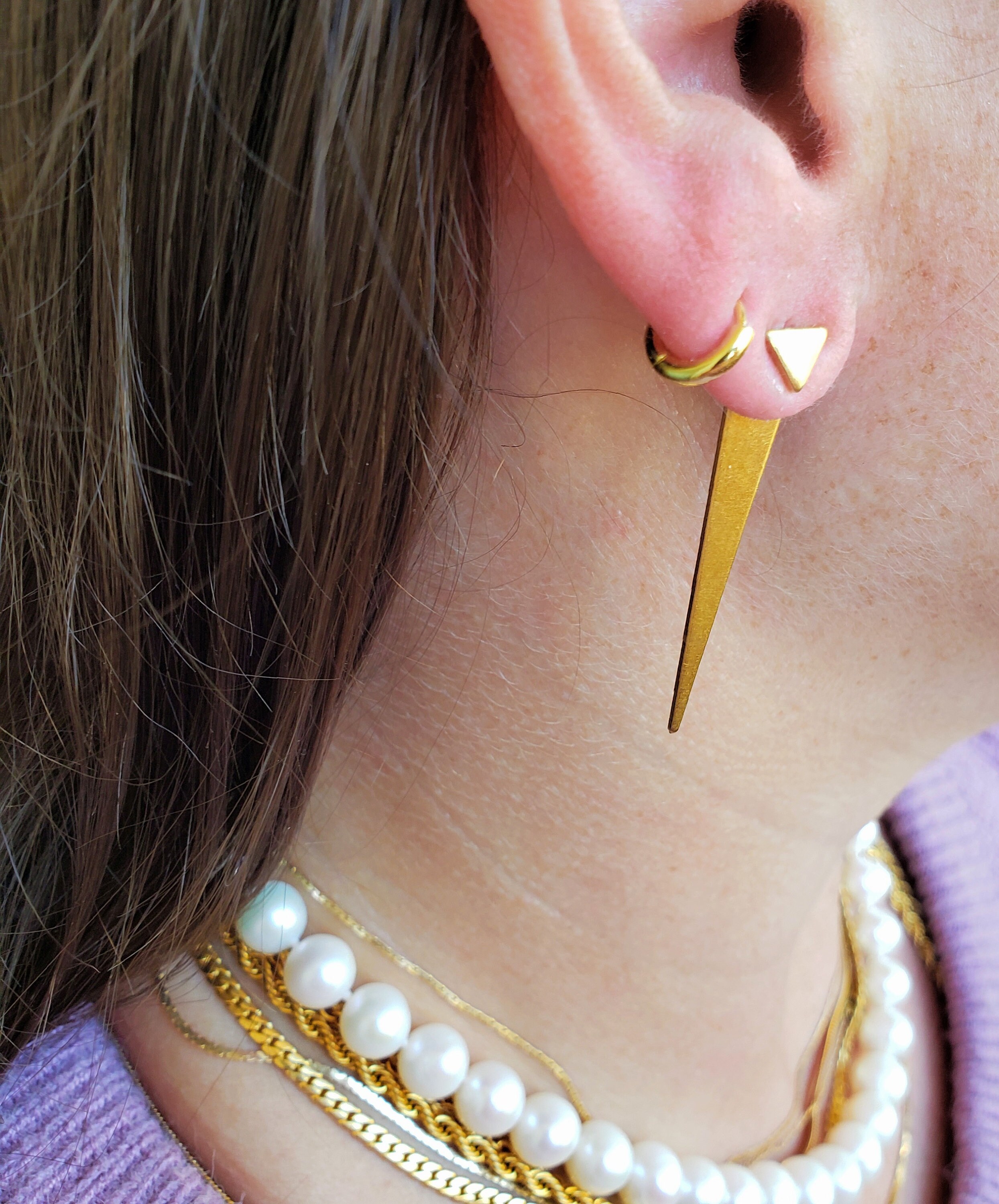 Brass triangle ear jackets dainty triangle gold tone stud Etsy