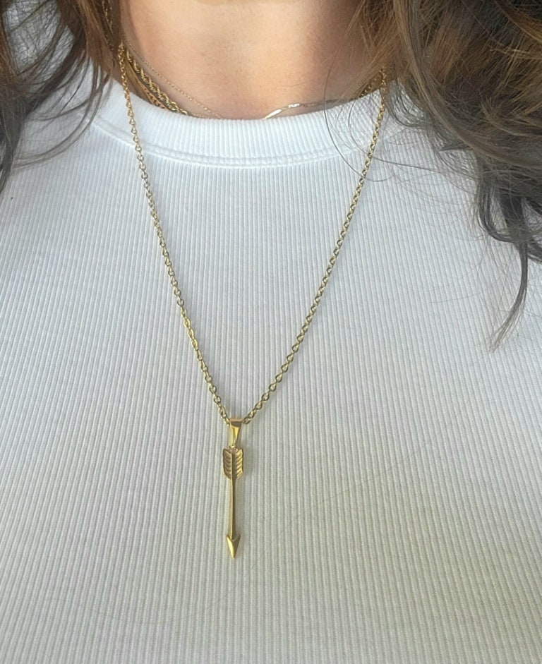 Gold Long Arrow Necklace, 18k Stainless Steel Long Skinny Arrow Charm ...