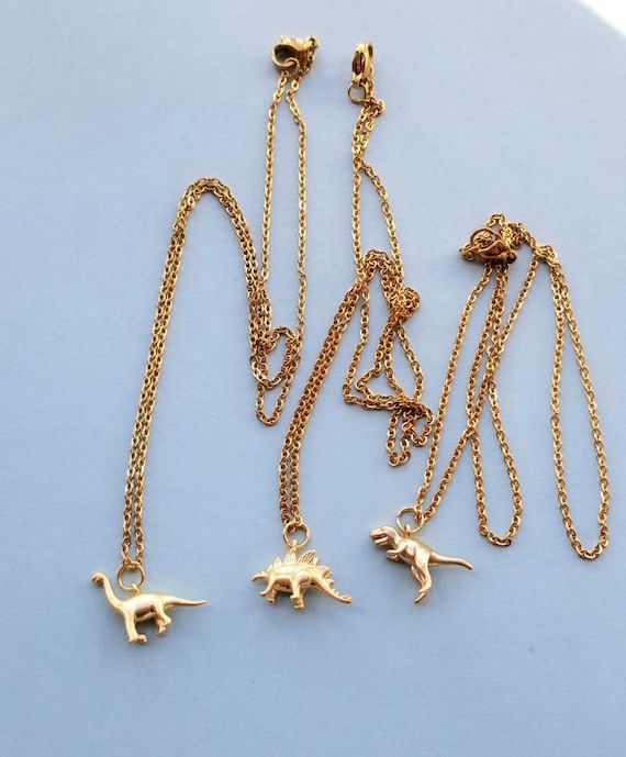 Gold dinosaur necklace, gold plated stainless steel chain, gold plated dino  necklace, T-Rex, Stegosaurus, Brontosaurus, dino charm necklace