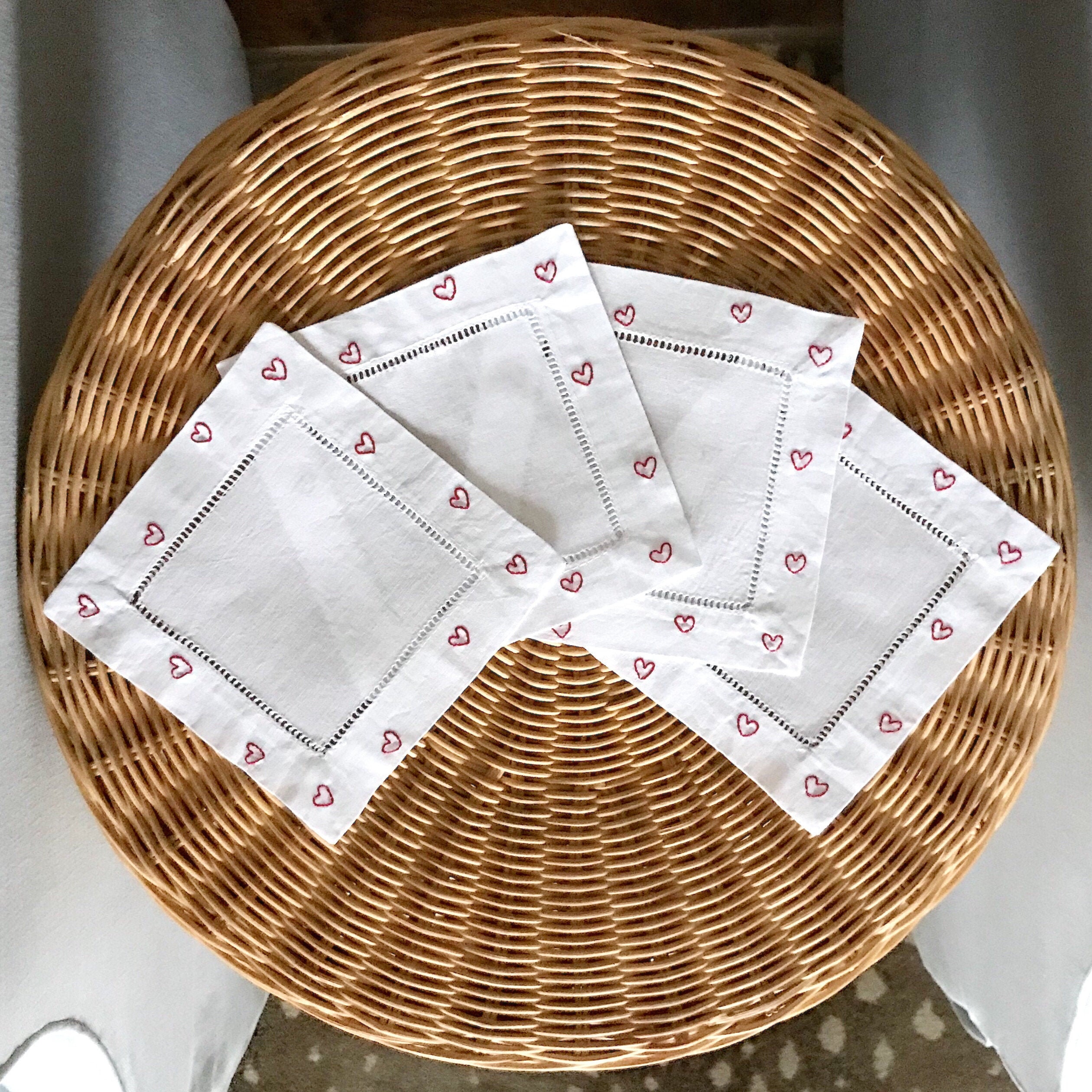 Set of 4 Heart Hand Embroidered Cocktail Napkins Etsy