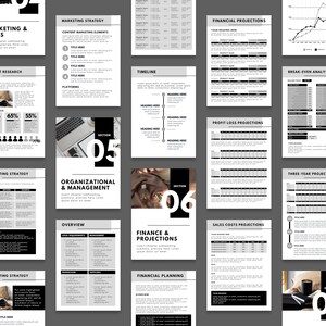 May include: A black and white business plan template with sections for marketing, organizational management, finance and projections, and financial planning. The template includes charts, graphs, and tables to help businesses plan and track their progress.