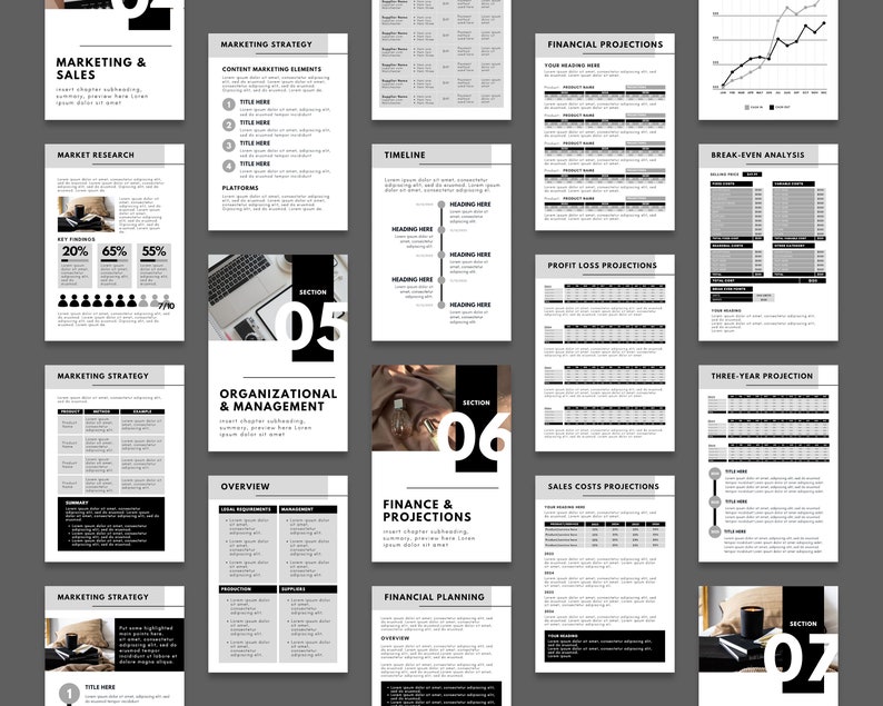 May include: A black and white business plan template with sections for marketing, organizational management, finance and projections, and financial planning. The template includes charts, graphs, and tables to help businesses plan and track their progress.