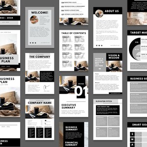 May include: A black and white business plan template with a minimalist design. The template includes sections for the company overview, executive summary, financial summary, target market, business goals, and smart goals. The template also includes a welcome page with a quote about business.