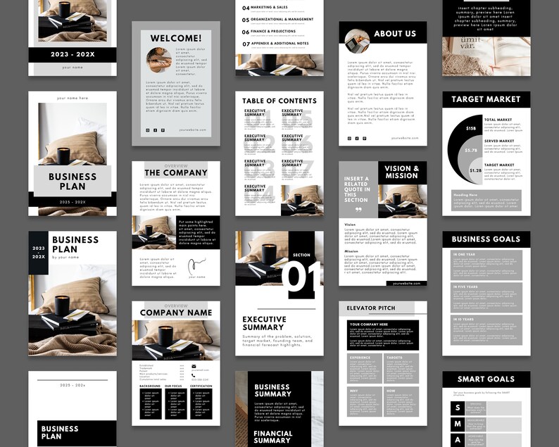 May include: A black and white business plan template with a minimalist design. The template includes sections for the company overview, executive summary, financial summary, target market, business goals, and smart goals. The template also includes a welcome page with a quote about business.