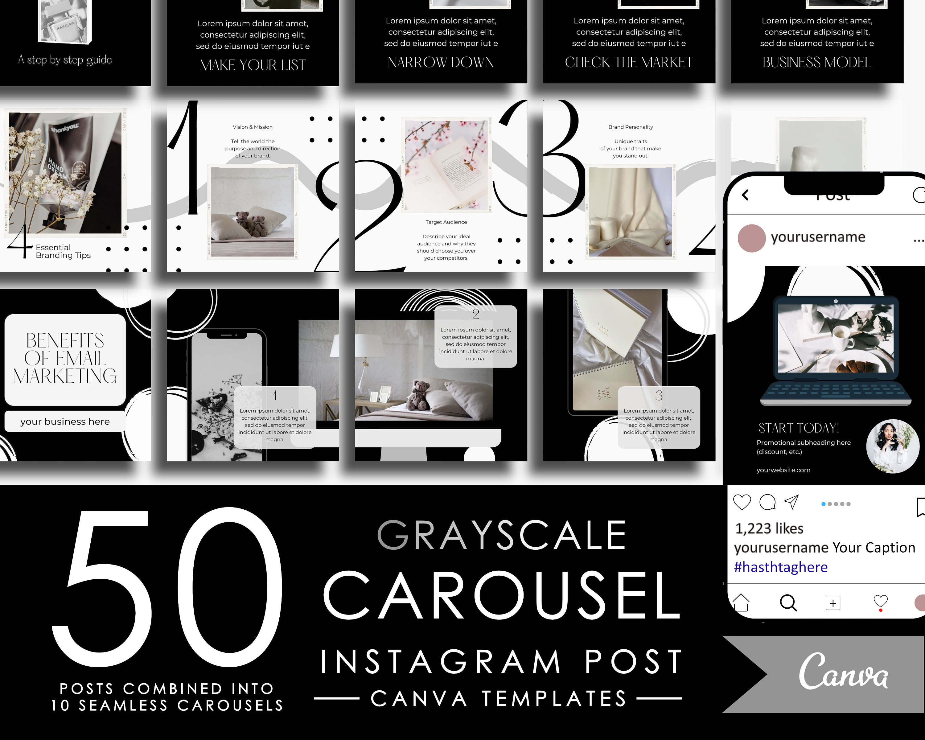 50 Grayscale Instagram Carousel Template Canva for Business Coaches ...