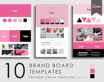 May include: Three pink and white brand board templates with the text "Canva" and "10 Brand Board Templates" in black. The templates feature a logo, color palette, mood board, typography, and patterns. The templates are designed to help businesses create a cohesive brand identity.
