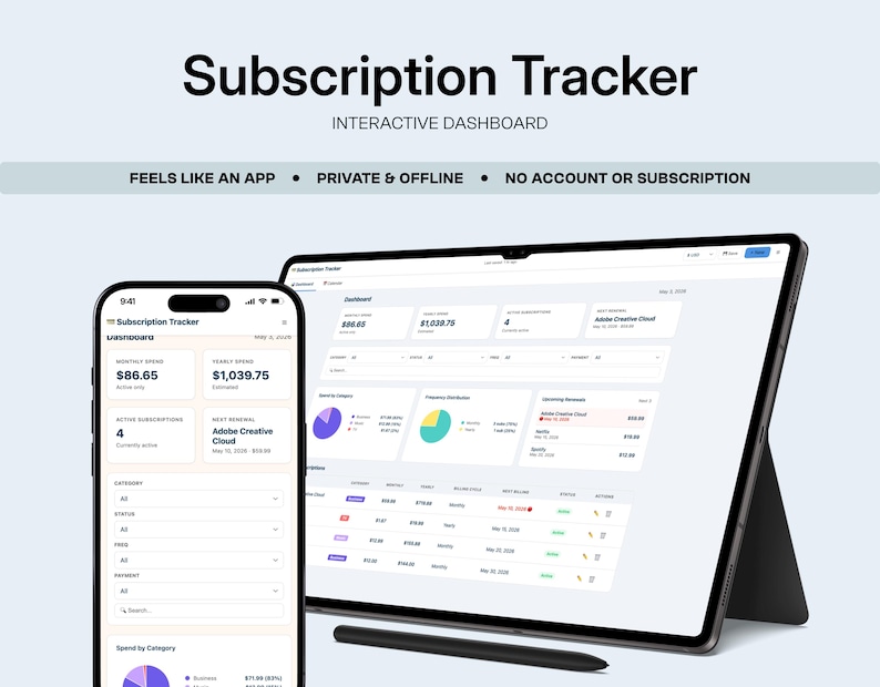 May include: A digital interface for a subscription tracker, displayed on a smartphone and a tablet. The screens show financial data, including monthly and yearly spending, and subscription details. The text reads "Subscription Tracker" and "Interactive Dashboard."