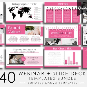 May include: A pink and white presentation template bundle for Canva with 140 slides. The text "WEBINAR + SLIDE DECK TEMPLATES BUNDLE" is displayed in black text on a white background. The text "EDITABLE CANVA TEMPLATES" is displayed in black text on a pink background. The image also includes a variety of sample slides with text and graphics.
