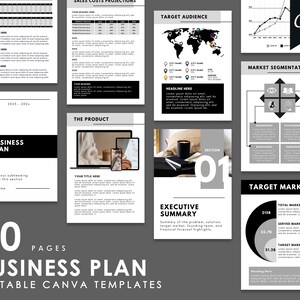 May include: A black and white business plan template with 70 pages. The template includes sections for sales costs projections, target audience, market segmentation, the product, executive summary, and target market. The template is designed to be used with Canva.