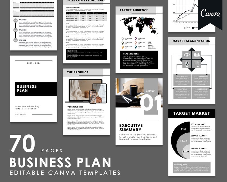 May include: A black and white business plan template with 70 pages. The template includes sections for sales costs projections, target audience, market segmentation, the product, executive summary, and target market. The template is designed to be used with Canva.