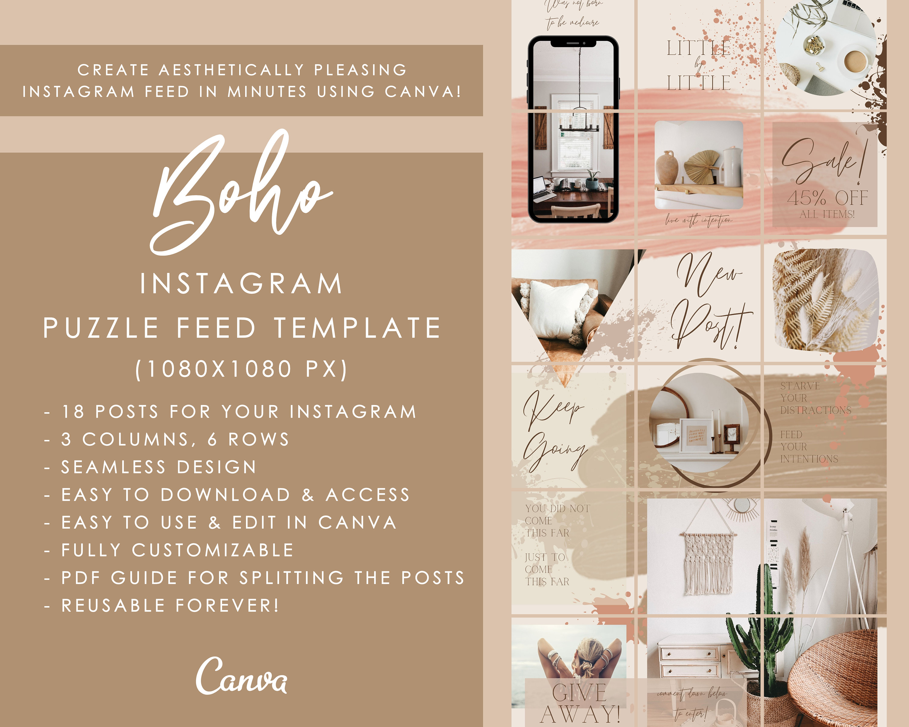 Instagram Puzzle Feed Template for Canva, Boho Editable Social Media ...