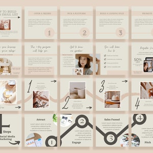 May include: A beige and brown infographic with four steps for social media marketing. The steps are attract, engage, sales funnel, and pitch. Each step is represented by a circle with a number inside. The infographic also includes text and images related to each step.