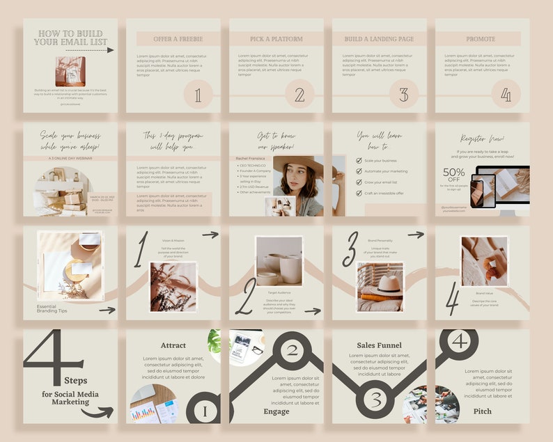 May include: A beige and brown infographic with four steps for social media marketing. The steps are attract, engage, sales funnel, and pitch. Each step is represented by a circle with a number inside. The infographic also includes text and images related to each step.