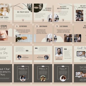 May include: A collage of social media posts with a beige background. The posts feature text about self-affirmation, accepting disapproval, and living forward. There are also posts with customer reviews and a call to action to enroll today or sign up today. The posts are designed to promote a business or brand.