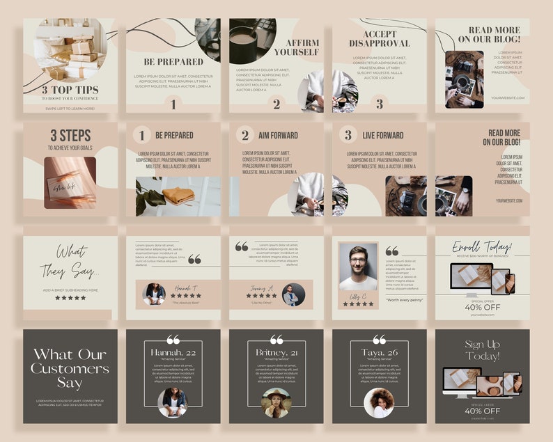 May include: A collage of social media posts with a beige background. The posts feature text about self-affirmation, accepting disapproval, and living forward. There are also posts with customer reviews and a call to action to enroll today or sign up today. The posts are designed to promote a business or brand.