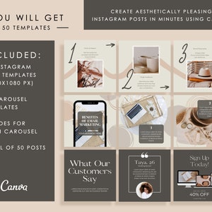 May include: A set of 50 Instagram post templates for creating aesthetically pleasing content. The templates feature a neutral color palette with brown, beige, and white tones. The templates include text boxes, images, and graphics. The templates are designed to be used with Canva.