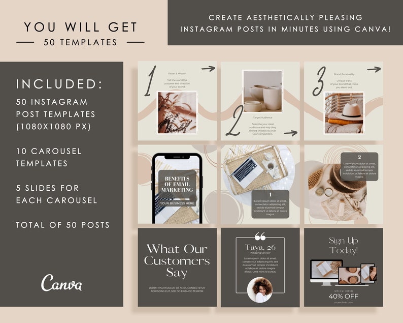 May include: A set of 50 Instagram post templates for creating aesthetically pleasing content. The templates feature a neutral color palette with brown, beige, and white tones. The templates include text boxes, images, and graphics. The templates are designed to be used with Canva.