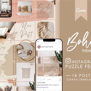 Instagram Puzzle Feed Template for Canva, Boho Editable Social Media Templates Canva, Instagram Post Templates, Branding Kit for Bloggers
