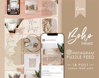 Instagram Puzzle Feed Template for Canva, Boho Editable Social Media Templates Canva, Instagram Post Templates, Branding Kit for Bloggers