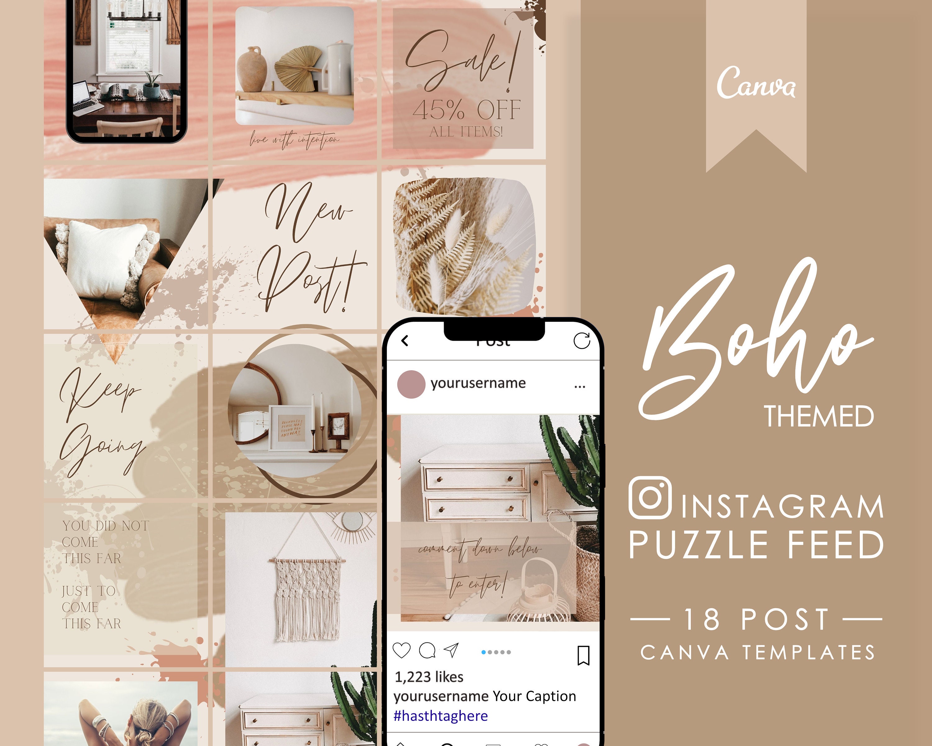 Instagram Puzzle Feed Template for Canva, Boho Editable Social Media ...