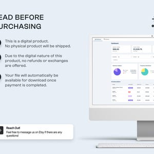 May include: A computer monitor displays a dashboard with financial data, including charts and subscription details. Text on the screen reads "READ BEFORE PURCHASING" and provides information about digital products. A keyboard is visible in the foreground.