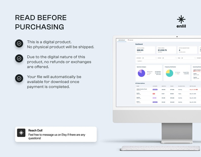 May include: A computer monitor displays a dashboard with financial data, including charts and subscription details. Text on the screen reads "READ BEFORE PURCHASING" and provides information about digital products. A keyboard is visible in the foreground.