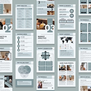 Pu&ograve; includere: Un modello di presentazione aziendale con uno schema di colori grigio e bianco. Il modello include sezioni per l'analisi SWOT, le esigenze del pubblico, l'analisi di mercato, il pubblico di destinazione, i punti deboli degli utenti, le testimonianze e i dettagli del servizio. Il modello include anche immagini di un laptop, una candela e una mappa del mondo.