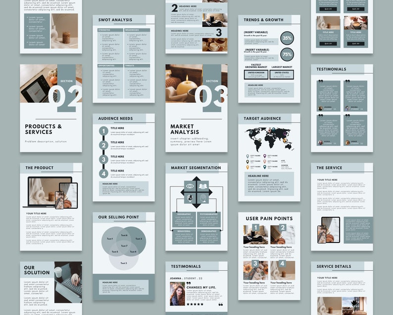 Pu&ograve; includere: Un modello di presentazione aziendale con uno schema di colori grigio e bianco. Il modello include sezioni per l'analisi SWOT, le esigenze del pubblico, l'analisi di mercato, il pubblico di destinazione, i punti deboli degli utenti, le testimonianze e i dettagli del servizio. Il modello include anche immagini di un laptop, una candela e una mappa del mondo.