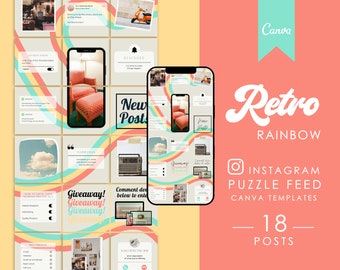 Canva Instagram Puzzle Feed Rainbow | Retro Instagram Post Templates | Canva Instagram Templates | Colorful Pastel Instagram Branding Kit