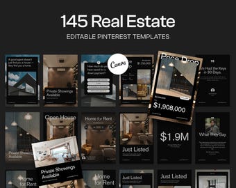145 Pinterest Pin Vorlage, Realtor Social Media Vorlagen, Grafiken für die Auflistung von Luxusobjekten, Canva